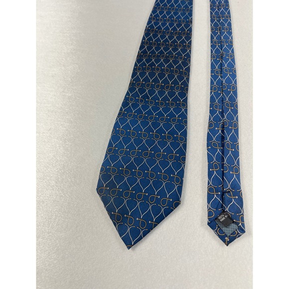 Rivetz of Boston Silk Necktie Blue Gold Chain Link Pattern Hand Made - Picture 2 of 4